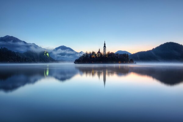 Blue Lake in Slovenia. Fog