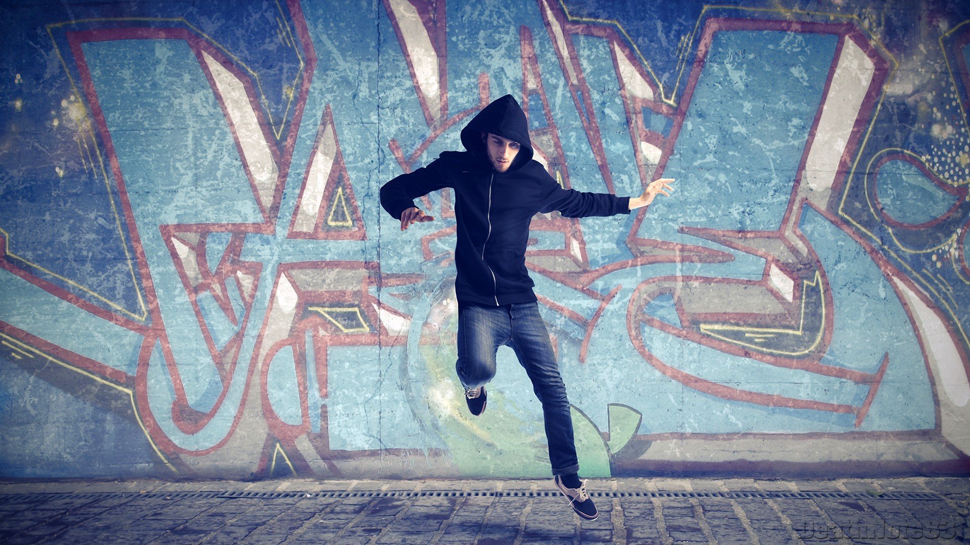 ports men guy dance motion hood off jump wall graffiti asphalt land background wallpaper