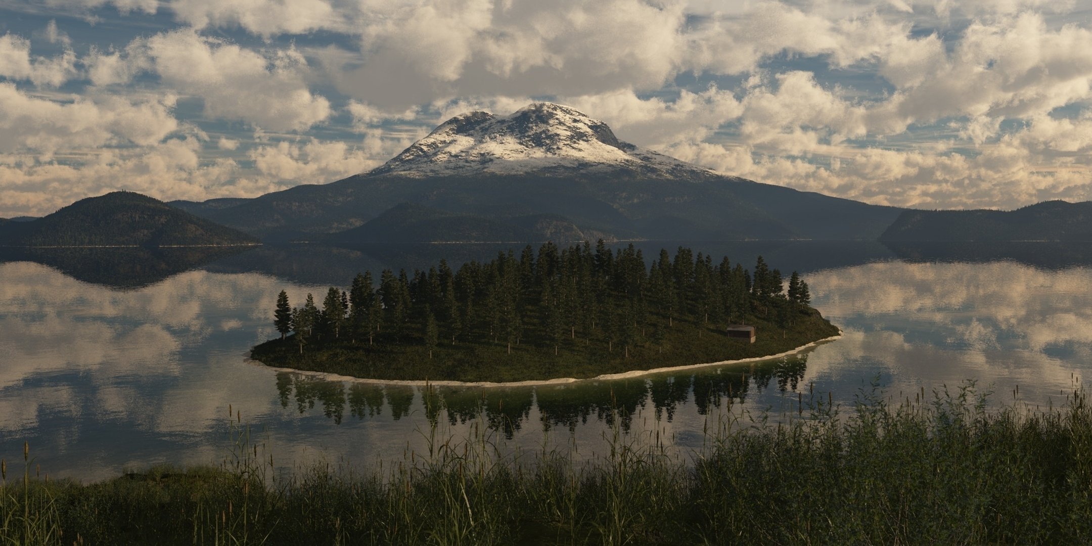 trees mountain nature island lake art building