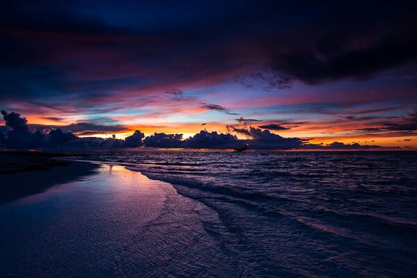 Enchanting sunset on beaches, Maldives, sea