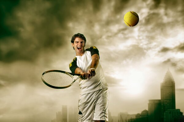 A male tennis player with a satisfied expression on his face hit the ball with a racket