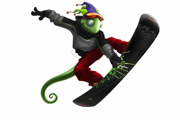 Lizard snowboardzista w jasnej czapce