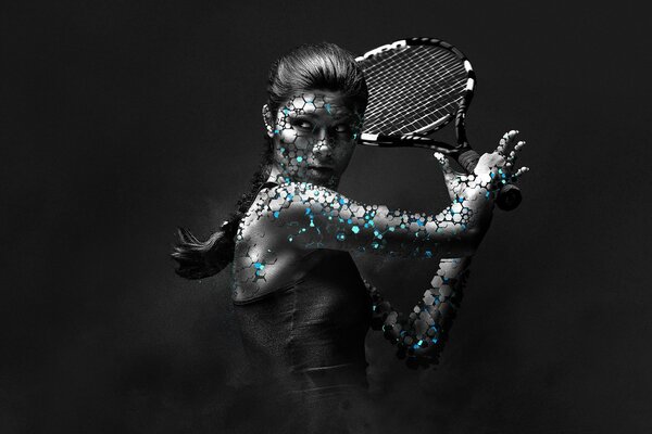 A woman decorated in the Art style plays tennis