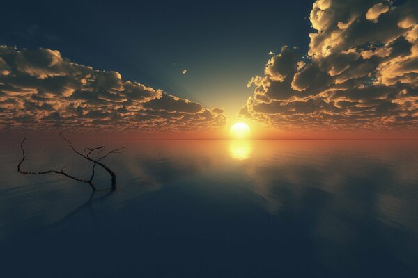 The sunset sky over the sea is reflected in the water