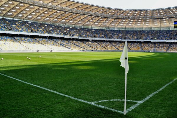 Estadio y campo con césped y bandera en la esquina