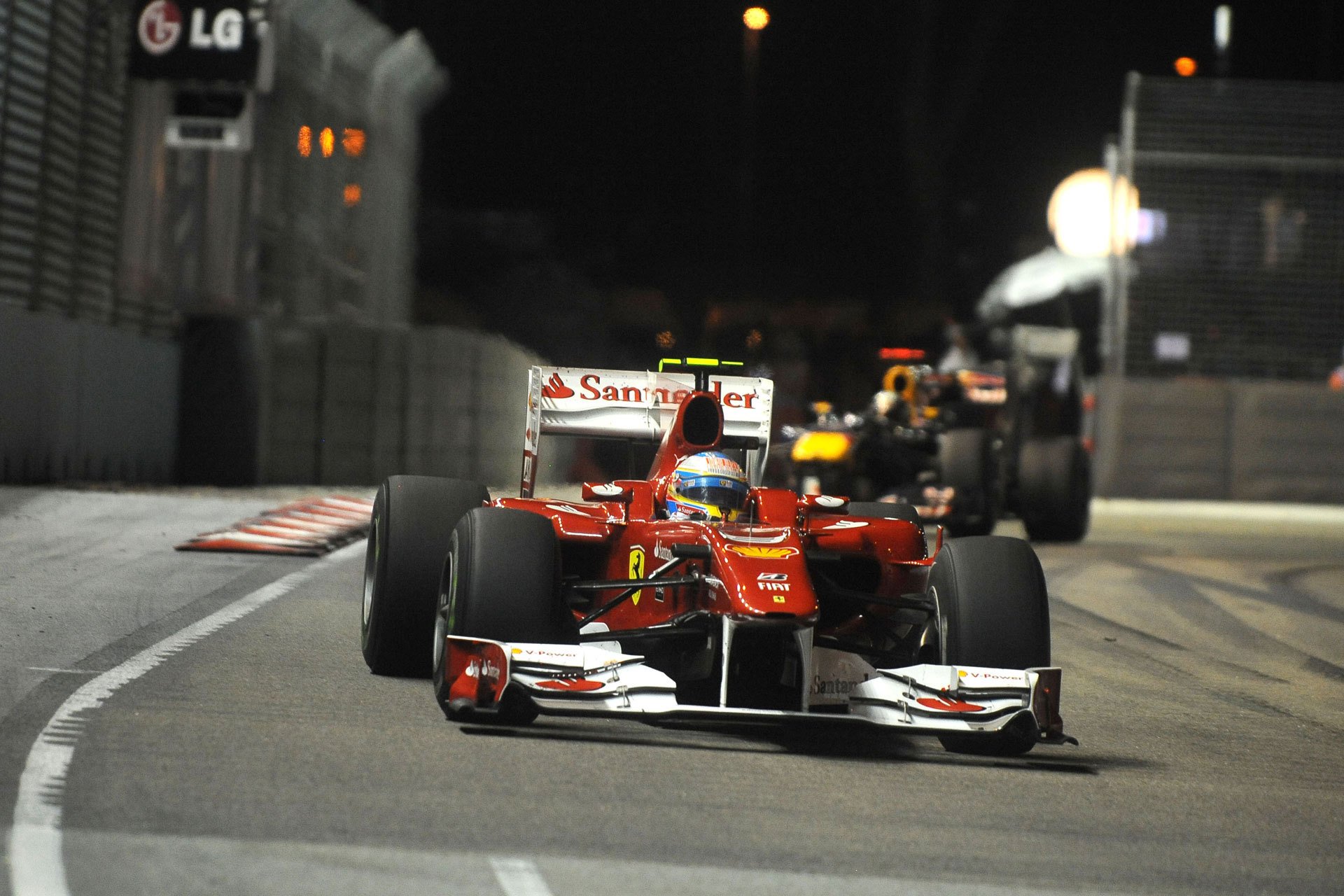 race track night car ferrari f10 fernando alonso scuderia ferrari scuderia ferrari sports wallpapers photos singapore grand prix 2010 marina bay marina bay street circuits formula 1 f1 formula-1 track lights evening