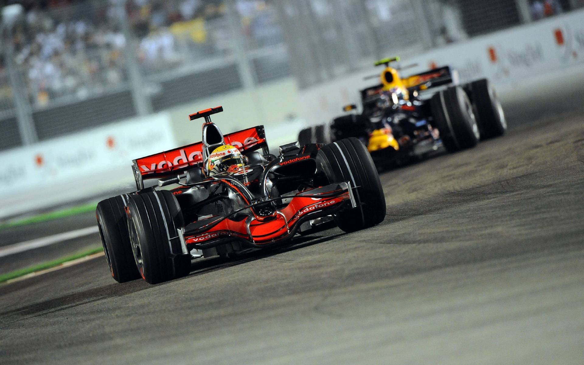 grand prix singapuru 2008 obwody marina bay street marina bay światła noc vodafone mclaren mercedes bolid mclaren mp4-23 lewis hamilton prędkość formuła 1 f1 formuła 1 wyścig tor tor zdjęcie