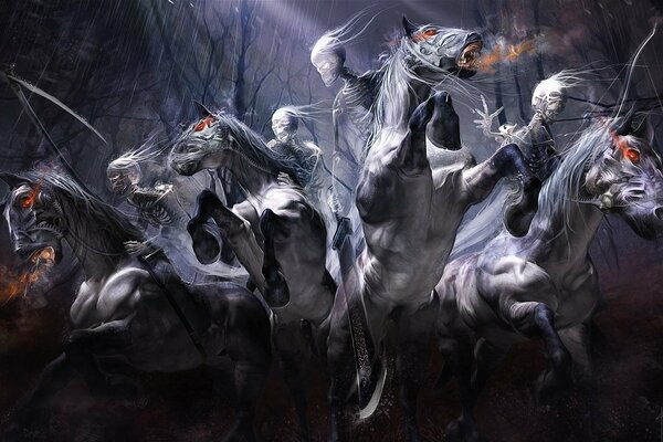 Four Horsemen of the Apocalypse in the dark of the forest