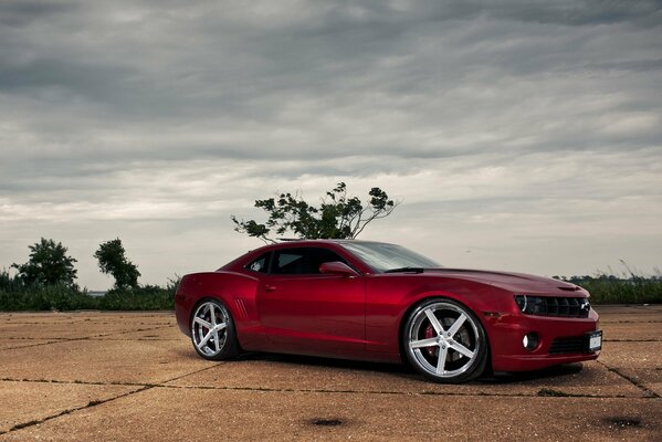 Czerwony chevrolet camaro widok z boku na zachmurzonym niebie