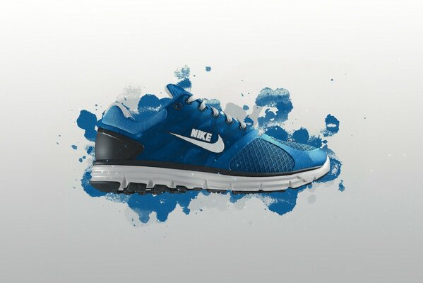 A sneaker with an emblem in a blue blob