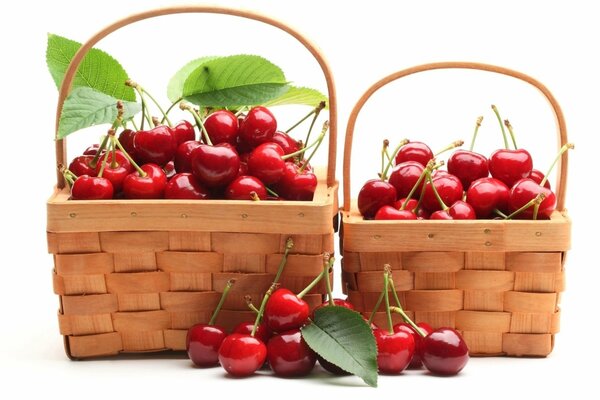 Two baskets of juicy cherries