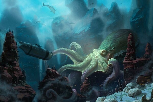 Meeting of a submarine and an octopus at the bottom of the ocean