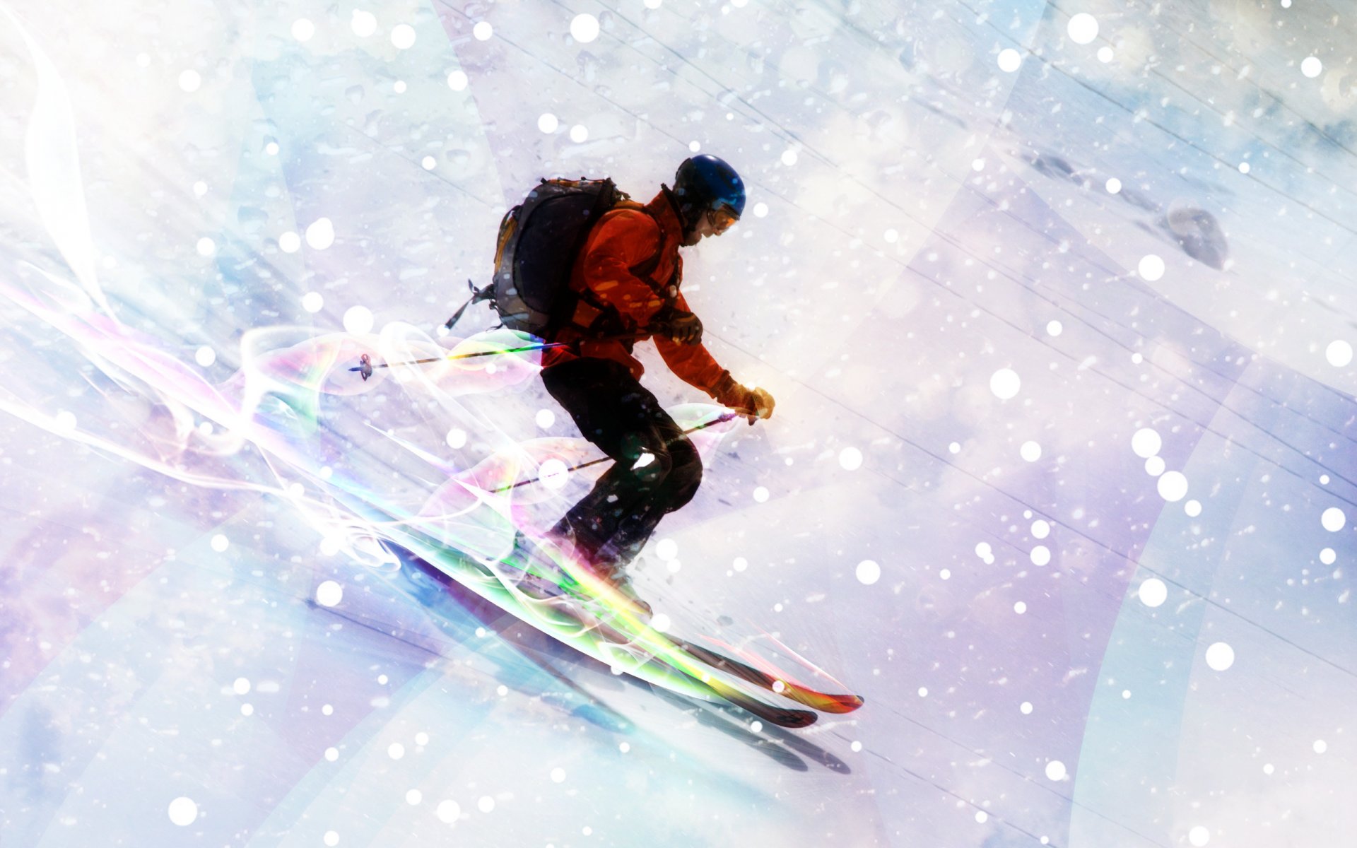 kiing mountain descent skier lights snow neon