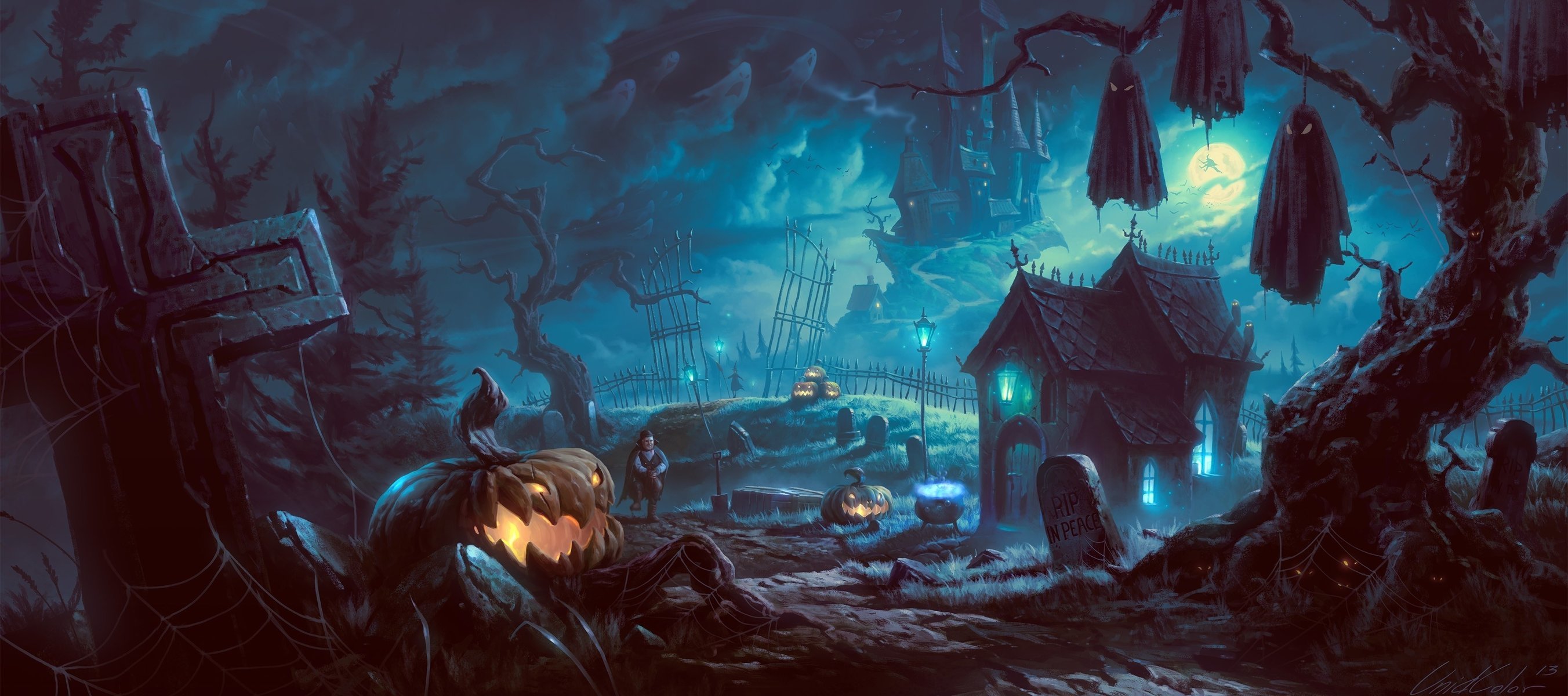 halloween trees bats vampire pumpkin night art