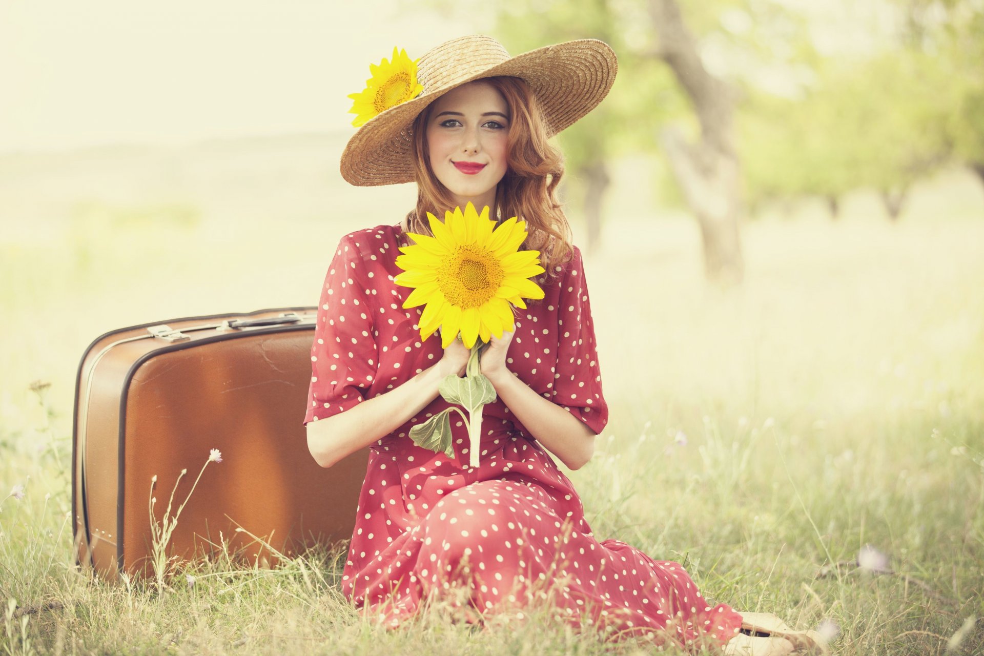 girl red dress pose view smile nature