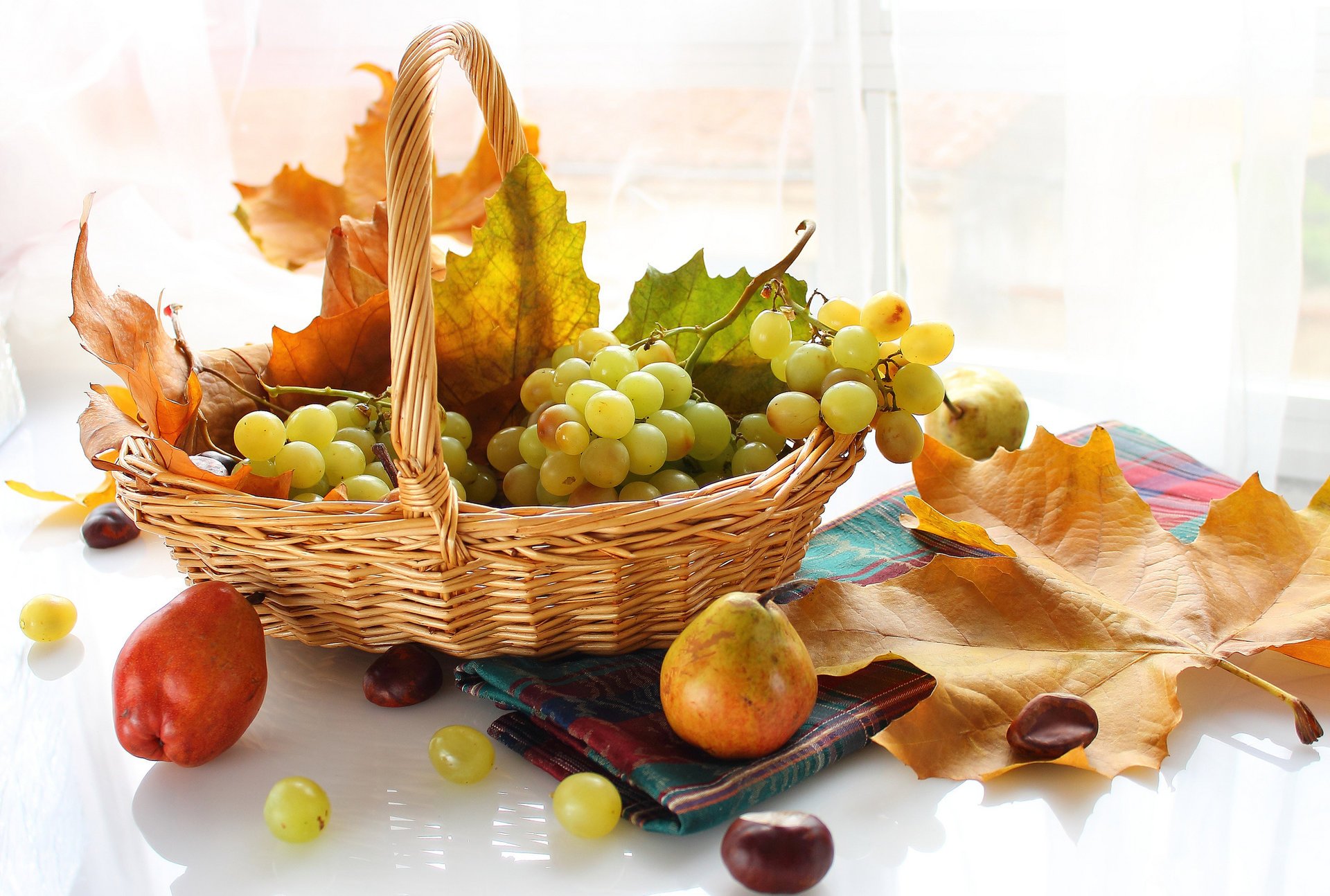 uva foglie autunno bacche cesto frutta pere