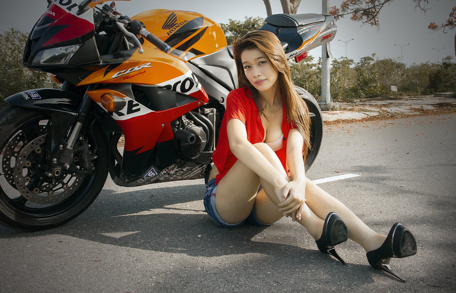 girl asian pose view bike