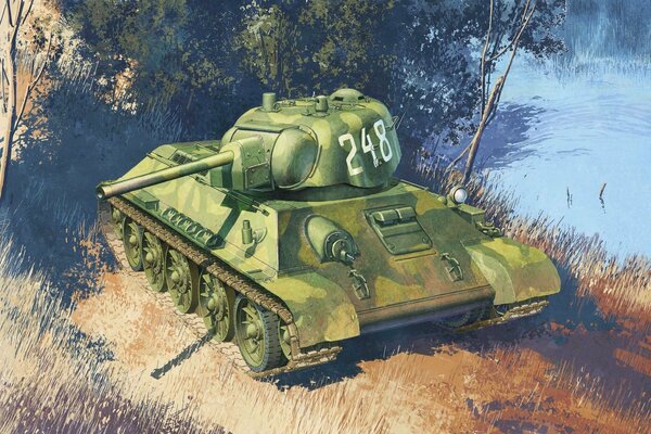 A painted Soviet tank by the lake