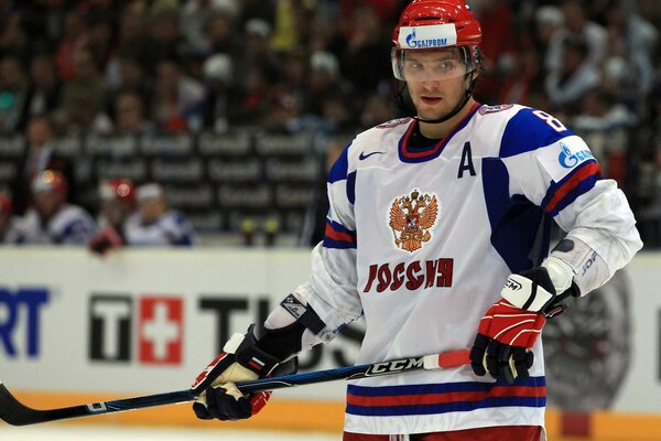 Russian hockey player Alexander Ovechkin with a stick