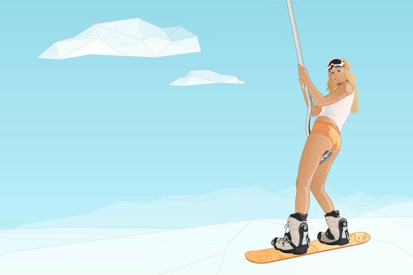 Ragazza nuda sullo snowboard in piedi sulla neve