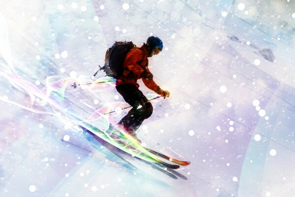 Skier in neon descent from the mountain