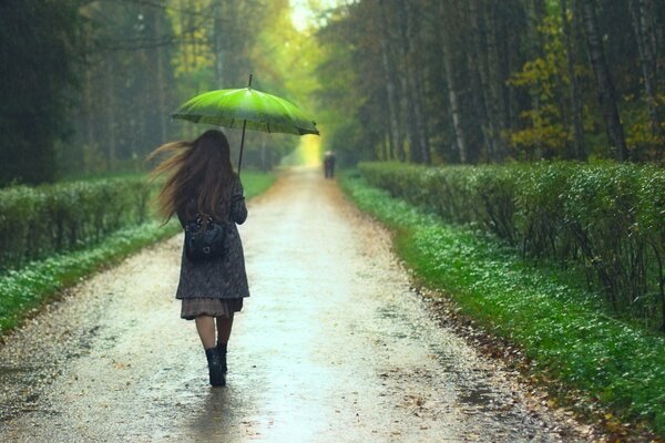 Das Mädchen unter dem Regenschirm geht auf der nassen Straße entlang