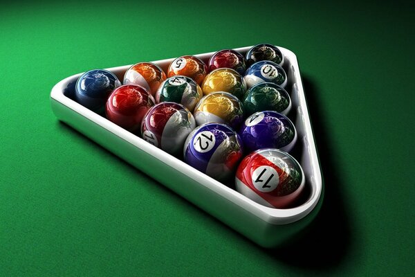 Billiard triangle of balls on a green table background