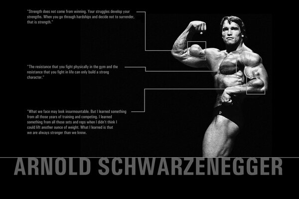 Photo of Arnold Schwarzenegger in a Bodybuilding pose with an emphasis on biceps and quotes