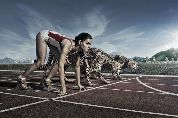 Fille et guépard en compétition de course