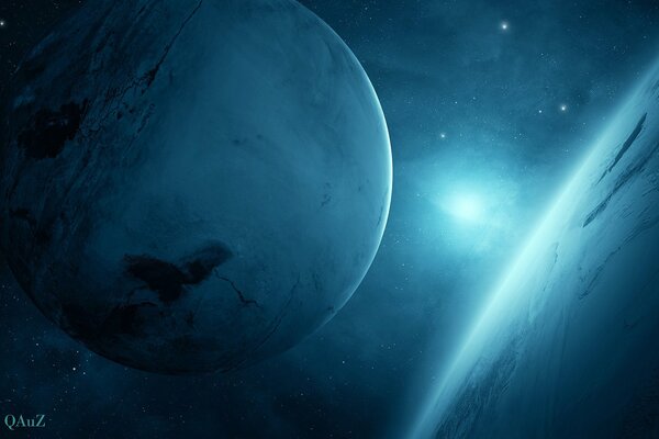 Blue planet and stars in space