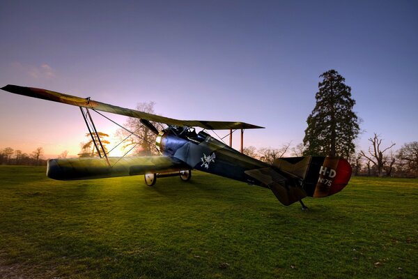 Avión en el césped verde bajo el sol