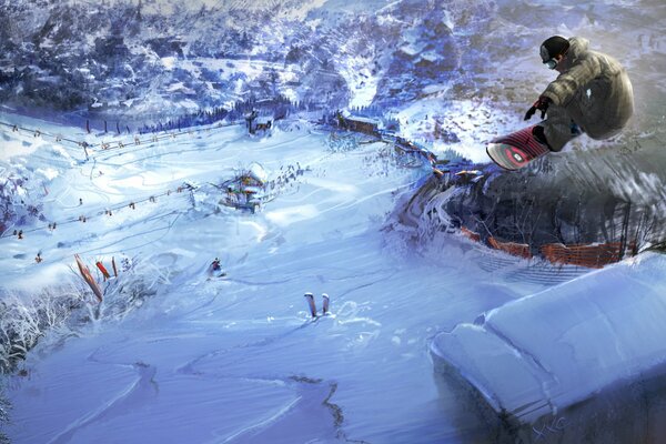 Descenso a la cabaña de la montaña en snowboard