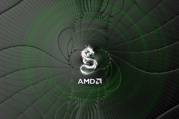 AMD-Logo auf dunklem Hintergrund mit grünen Kreisen