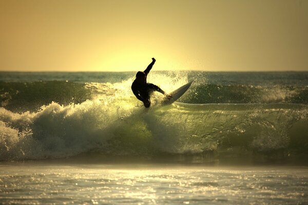 Surfer in the ocean catches a wave