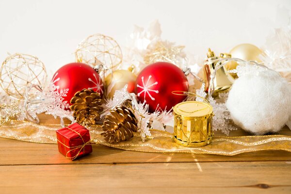 Preparation for Christmas and New Year. Decorations in the form of balls, cones, garlands