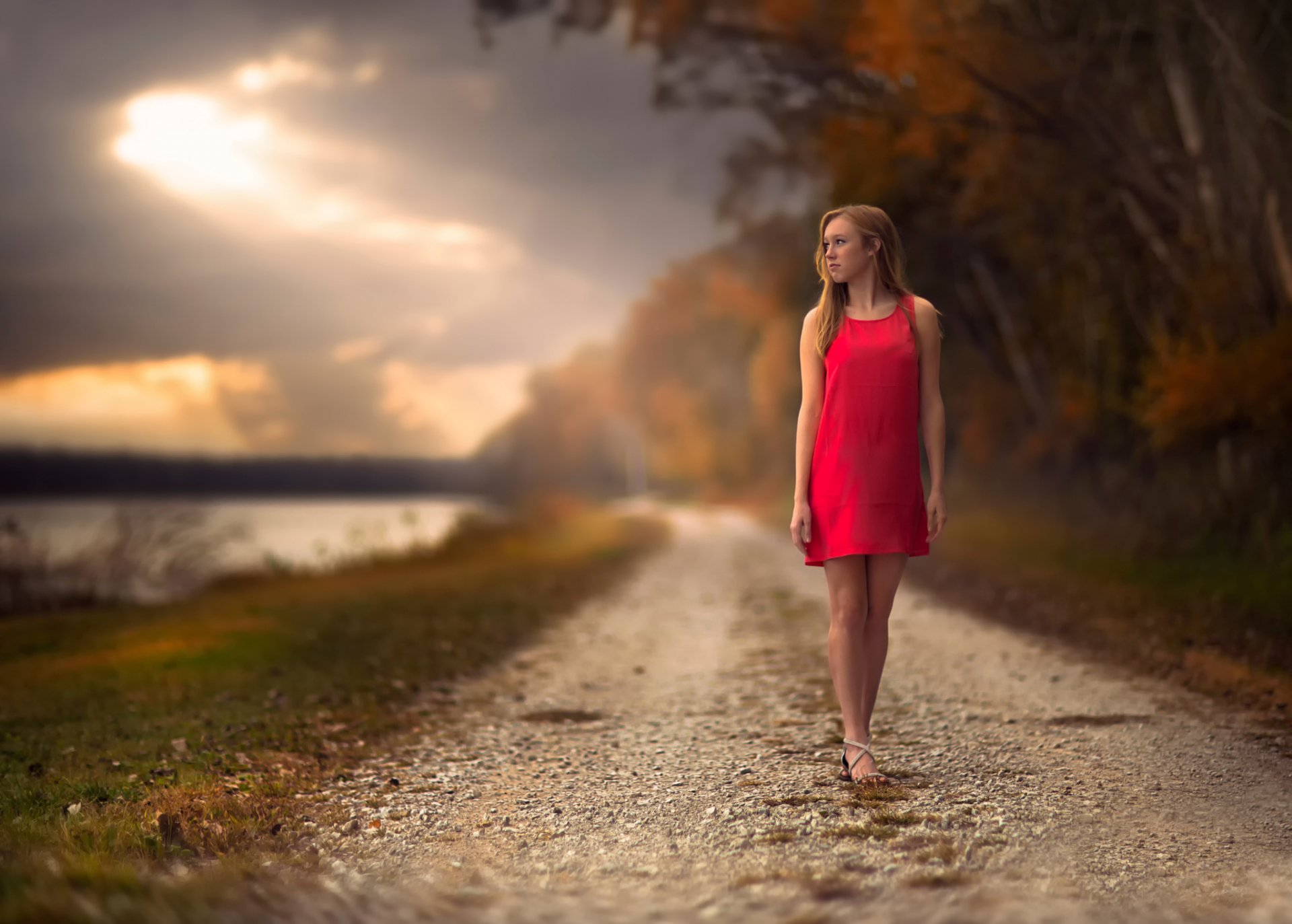 road girl dress autumn bokeh