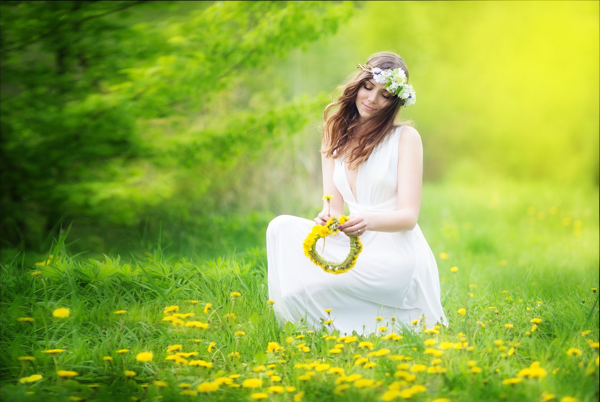 mädchen braunhaarige wind kranz blumen löwenzahn