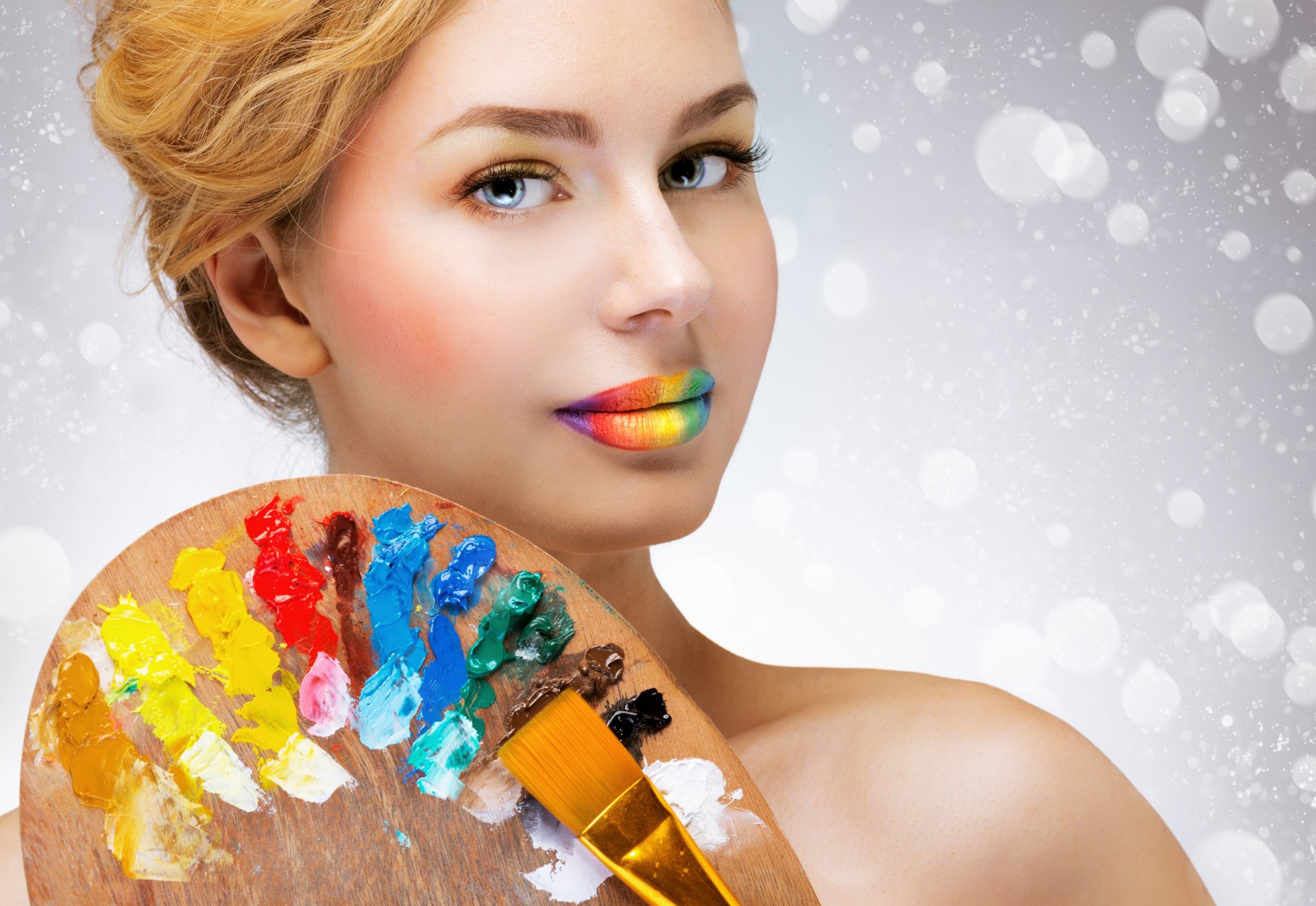 girl mood paint flowers rainbow lips brush view