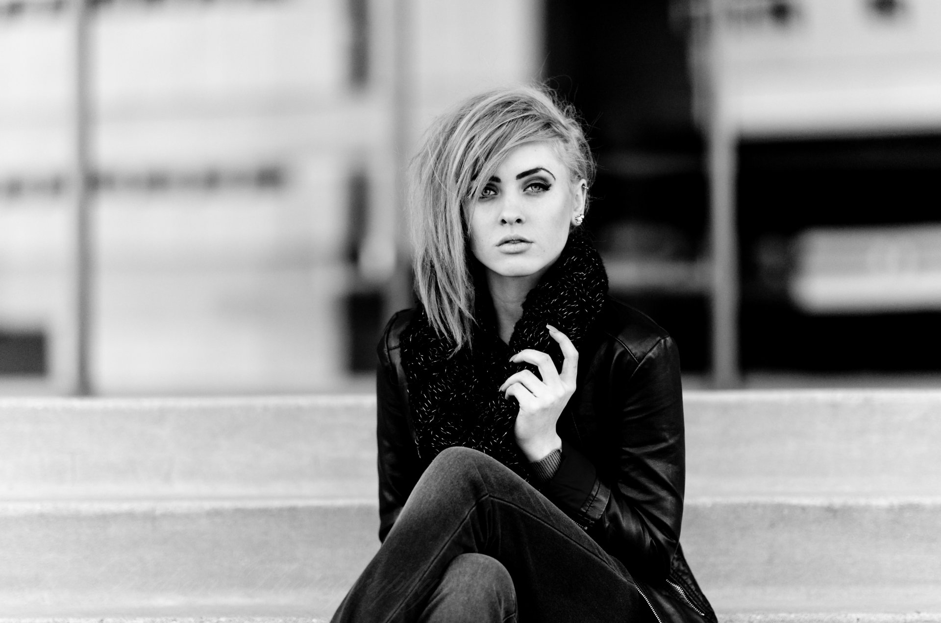 girl woman model black and white b/w stairs sitting leather jacket jean