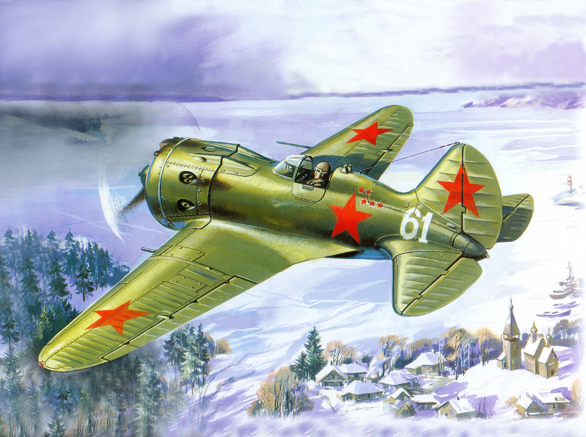 oviet art snow bay winter fighter i-16 sky