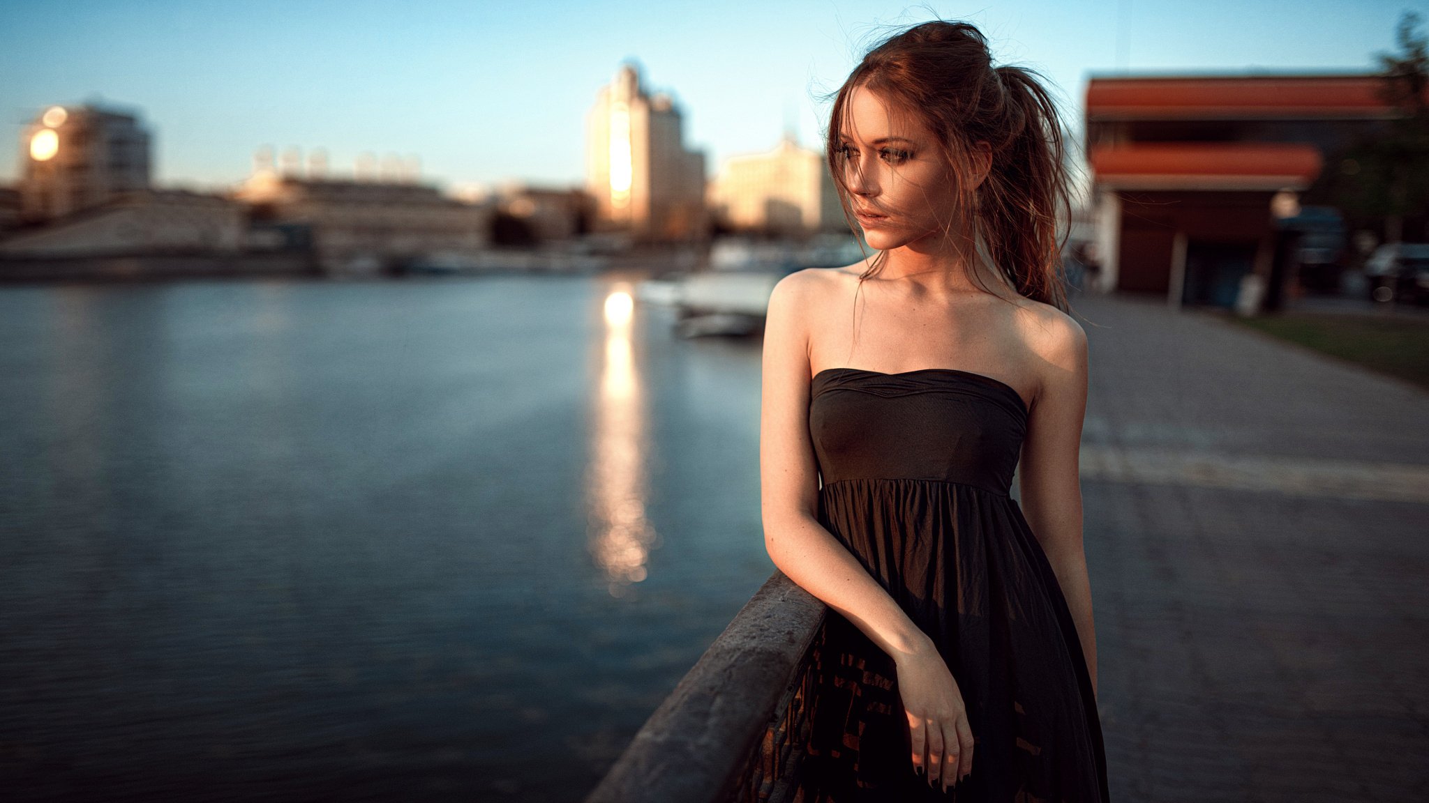 model embankment moscow river dress black hair