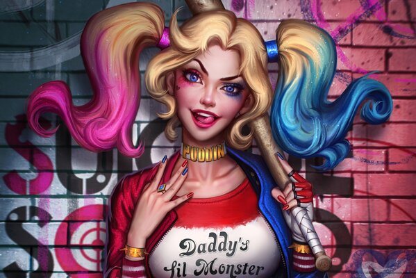 Harley Quinn mit Fledermaus an der Wand