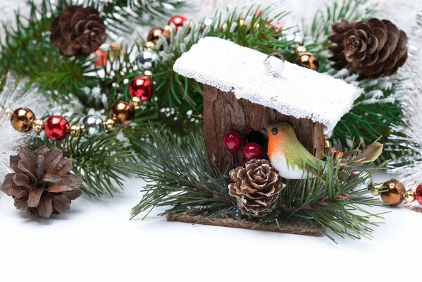 A small birdhouse with a bright bird among a coniferous paw with cones