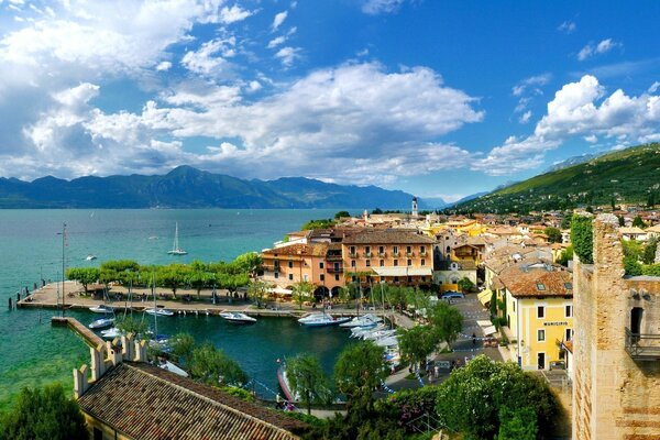 Beautiful landscape: coast, sea, mountains, city