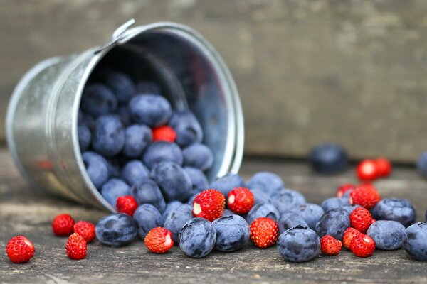 A bucket of blueberries and strawberries on the table