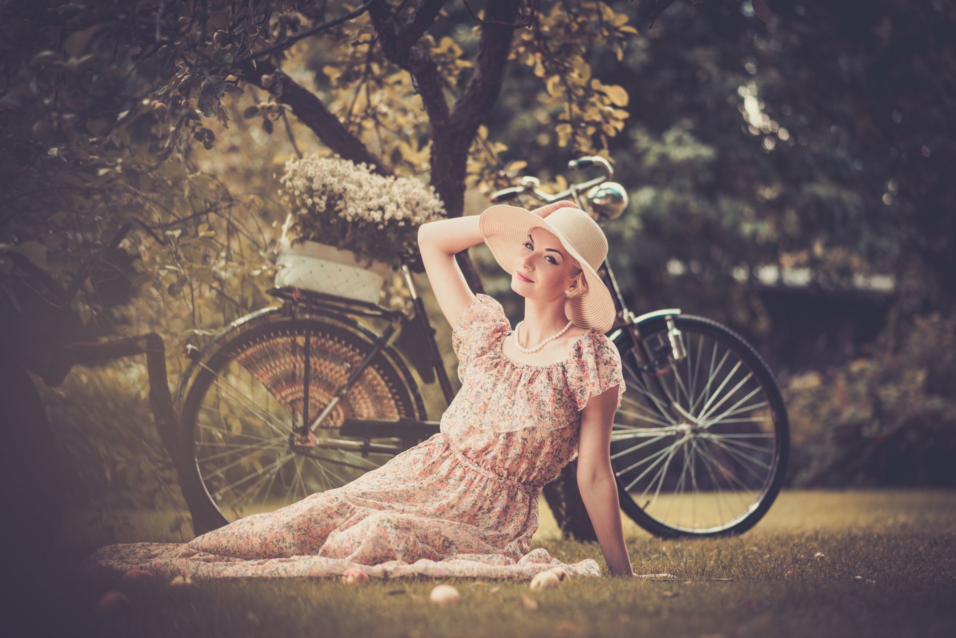 girl blonde dress hat pose view bike