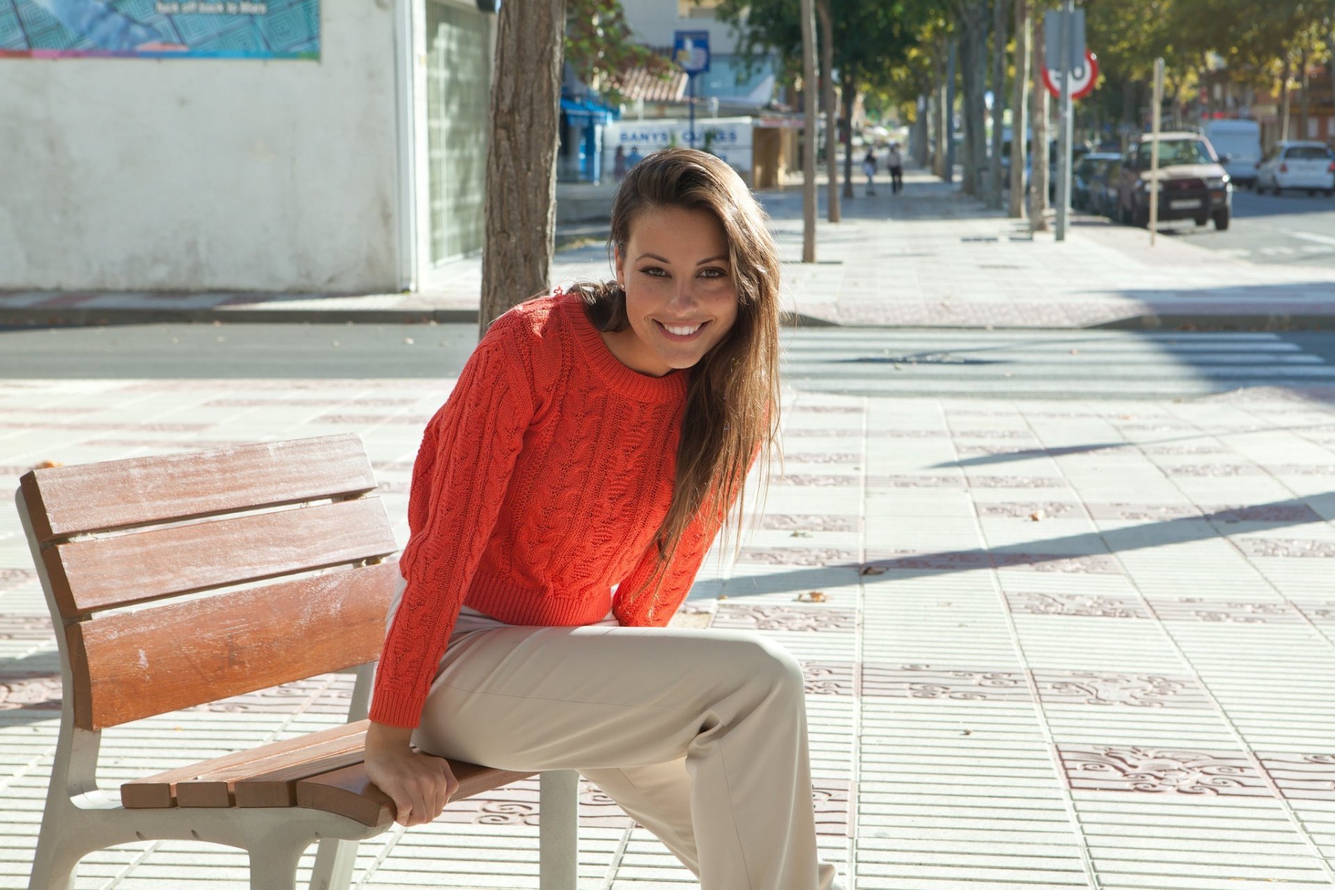 girl lorena sweater pose view smile bench