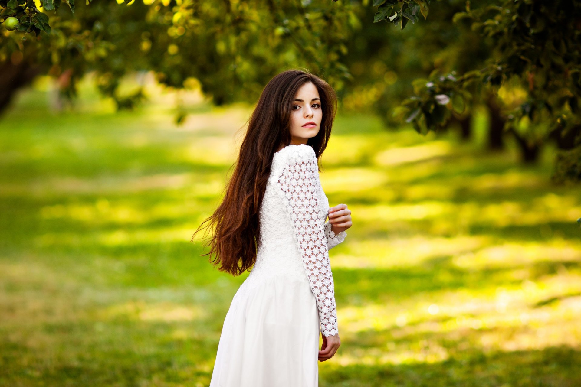 girl brown hair dress pose view park