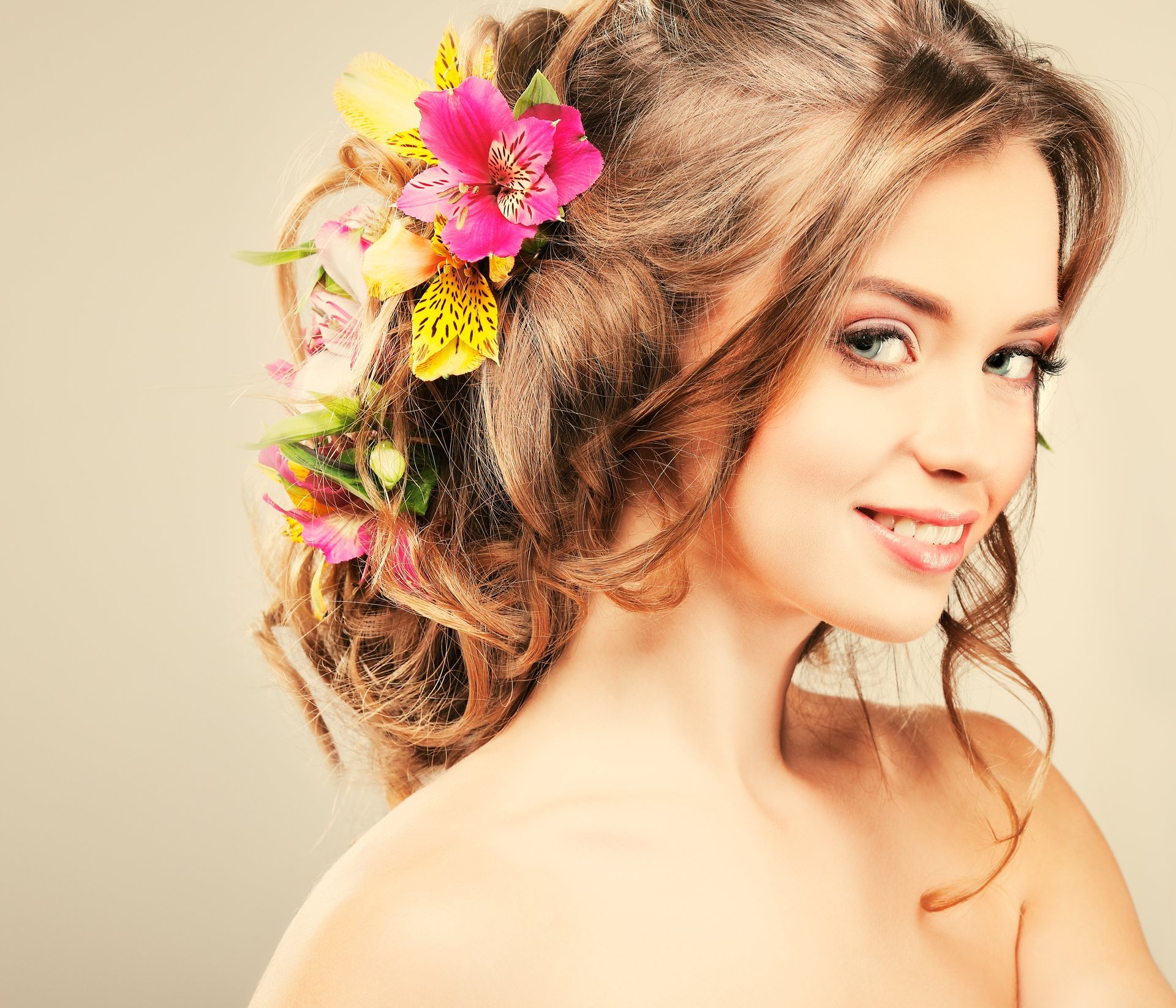 girl smile view eyes face hair hair style flower