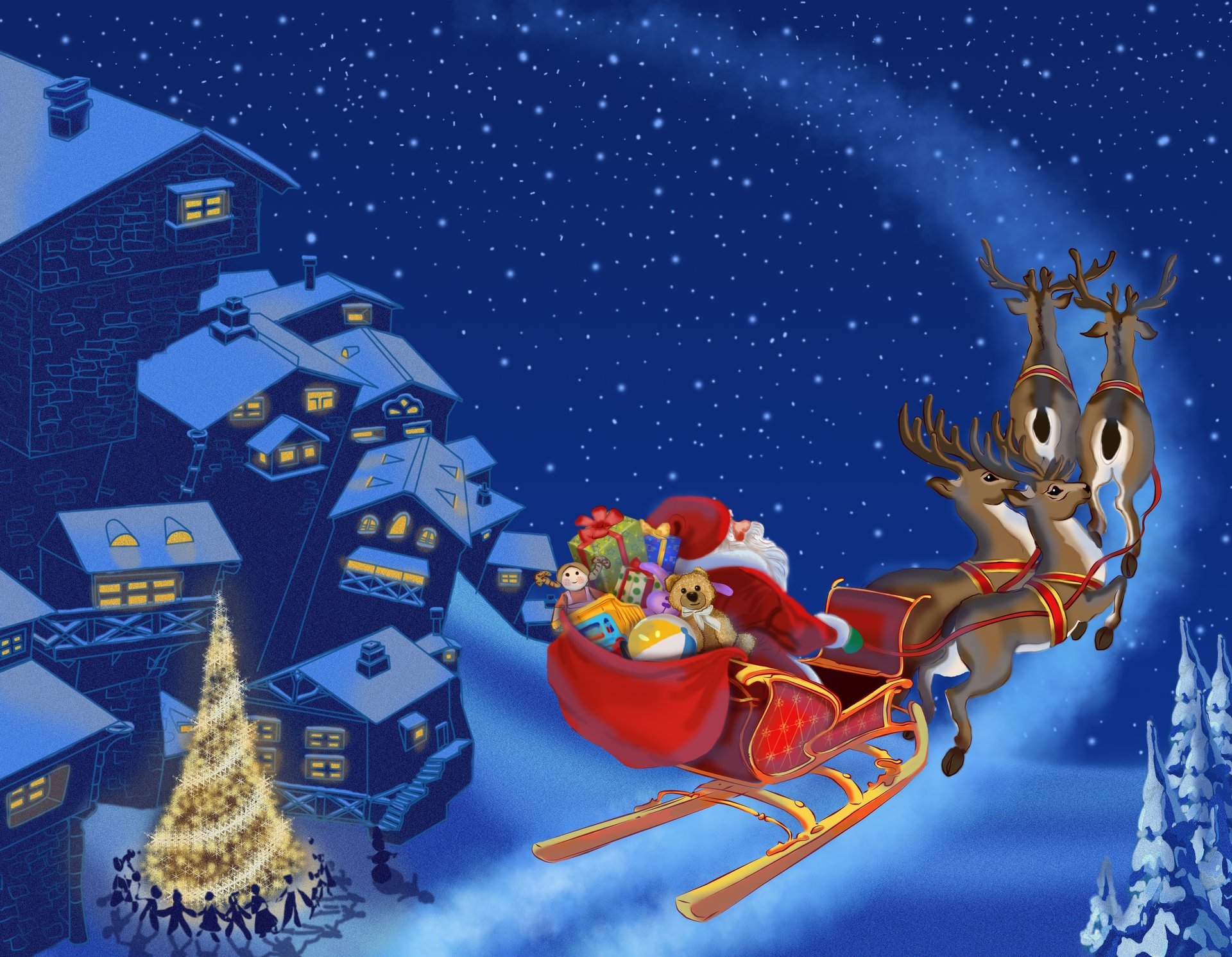 anta claus is coming snow new year the city reindeer merry christmas christmas tree